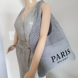 Stylish Gray knit Tote bag Embroidery foldable bag